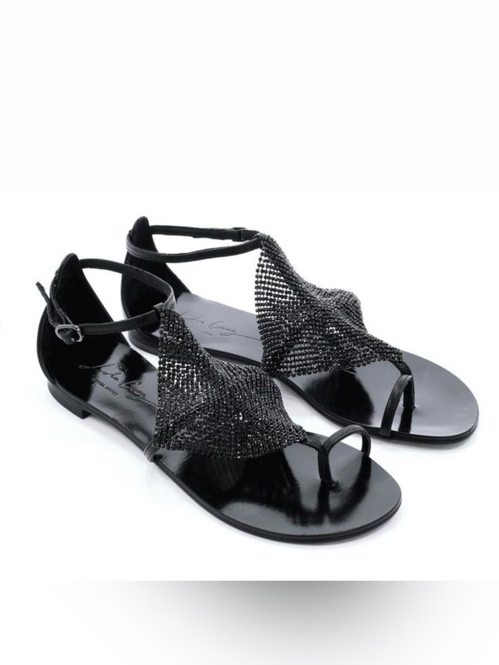 Lola Cruz Black Jeweled chainmail Toe-Ring Ankle-Strap flat Sandals size eu 38/8